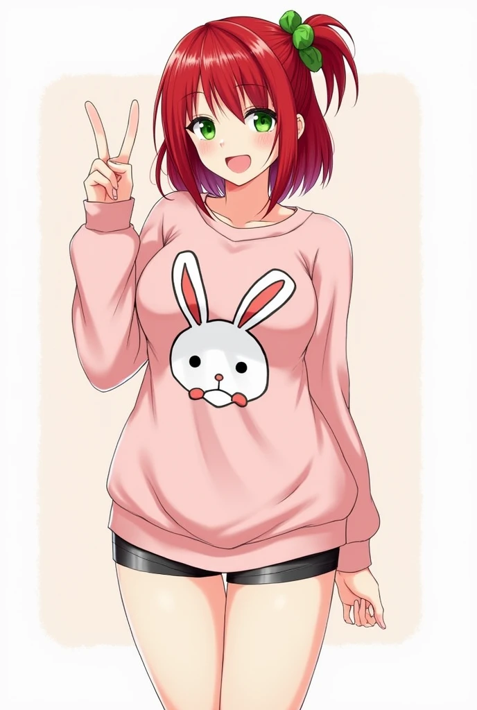 masterpiece,Highest quality,Iruka Sakimiya, One side up, Green scrunchie, hair ornaments,Redhead,Green Eyes,big ,Bust 90cm,big Ass,Firm stomach,Playboy Bunny,Cat bites,(Sweat),from the front,whole body,smile,作りsmile,peace sign