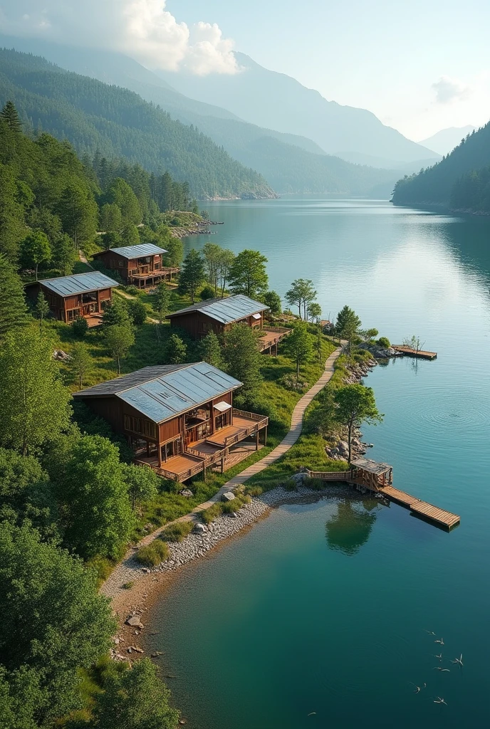 Plan d'ecolodge et a côté de cette ecolodge îl y a un grand lac