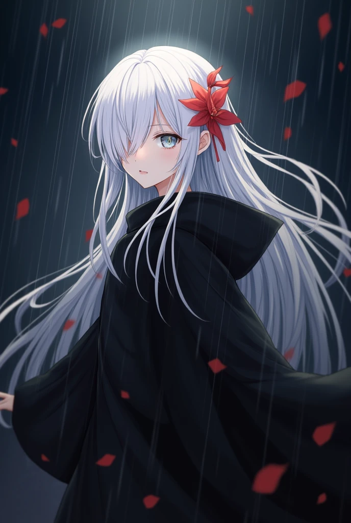 1girl,solo,1girl,solo,((beautiful detailed eyes)), (detailed light),depth of field,(white hair),silver eyes,hair over one eye,(red flower ), hair flower,long hair,black cloak,wet,emotionless,looking back,night,starfall,raining,fog,red flowers falling,sketch, full body,intense shadows,