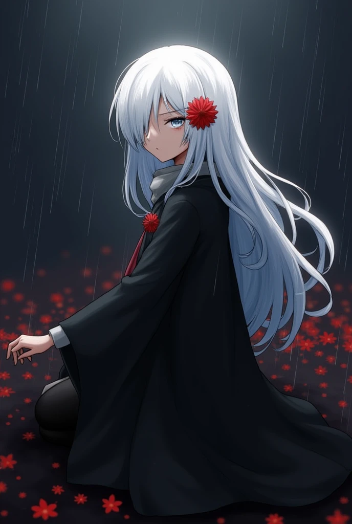 1girl,solo,1girl,solo,((beautiful detailed eyes)), (detailed light),depth of field,(white hair),silver eyes,hair over one eye,(red flower ), hair flower,long hair,black cloak,wet,emotionless,looking back,night,starfall,raining,fog,red flowers falling,sketch, full body,intense shadows,