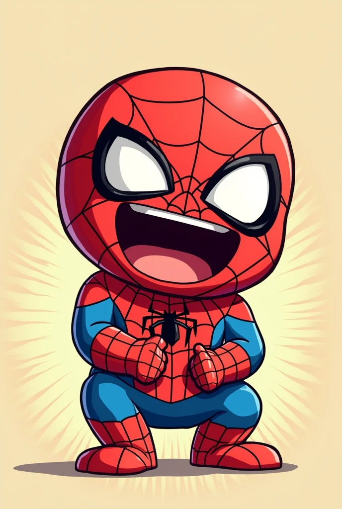 Generates a comic-style chibi Spider-man laughing while touching his belly because he can't hold back his laughter