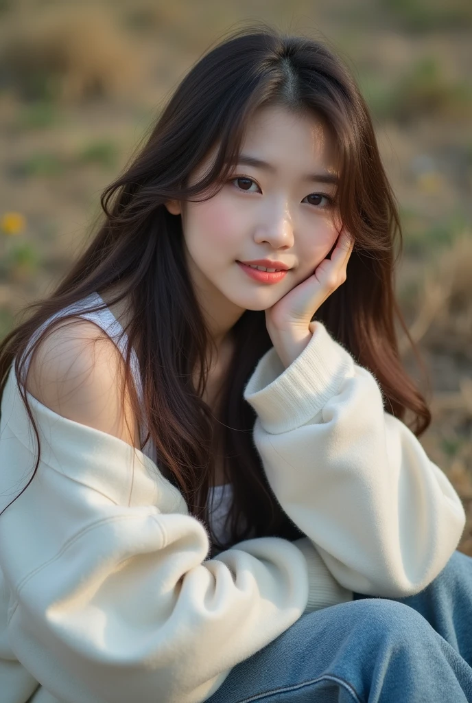 A beautiful korean girl, long brown hair, sleep on the ground outside, full body, photo from up