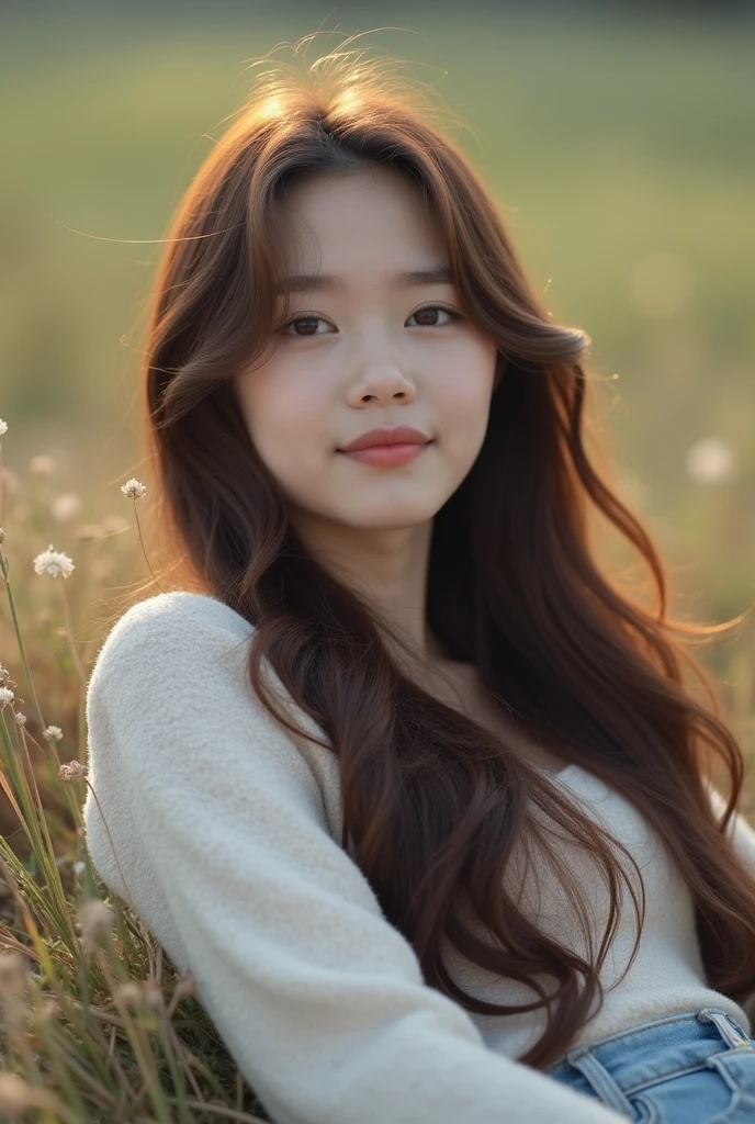 A beautiful korean girl, long brown hair, sleep on the ground outside, full body, photo from up