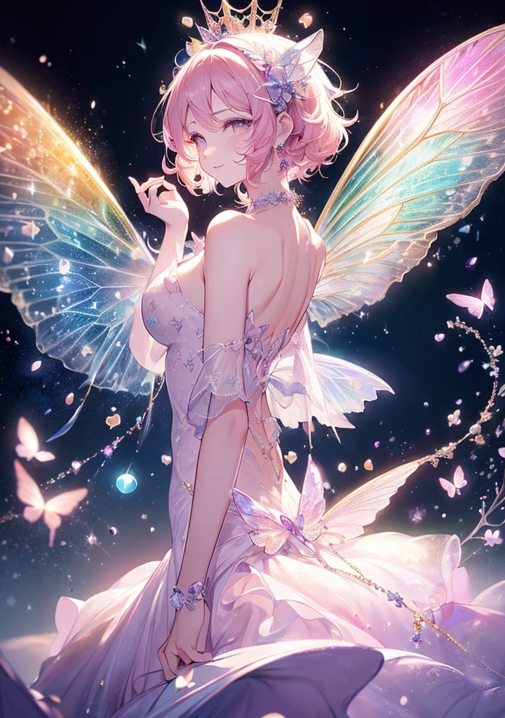 (Exquisite, beautiful, Very detailed, masterpiece, high quality,High resolution),(Whole body,From a short distance,From head to toe),(Design Art,Soft thin lines:1.2, beautiful and delicate face,Transparent illustration),(Fairy Princess,Has fairy wings like a butterfly),Under the night sky, A fairy is holding a star,(幼いFairy Princess,Has fairy wings like a butterfly), ((Moon-inspired ball gown dress,dress,pastel colour,Fairy wings from the back)),(night,full moon,moonlight,shooting star,meteor,Starry Sky), ((fun,smile)), (Medium Hair:1.5), (little star tiara,Earrings,beautiful choker,Gold ankles),(dark pink cheeks,Plump pink lips,Large Breasts,Fair skin, Good style), (pastel colour,Bright atmosphere,colorful,very saturated,Fantasy),
