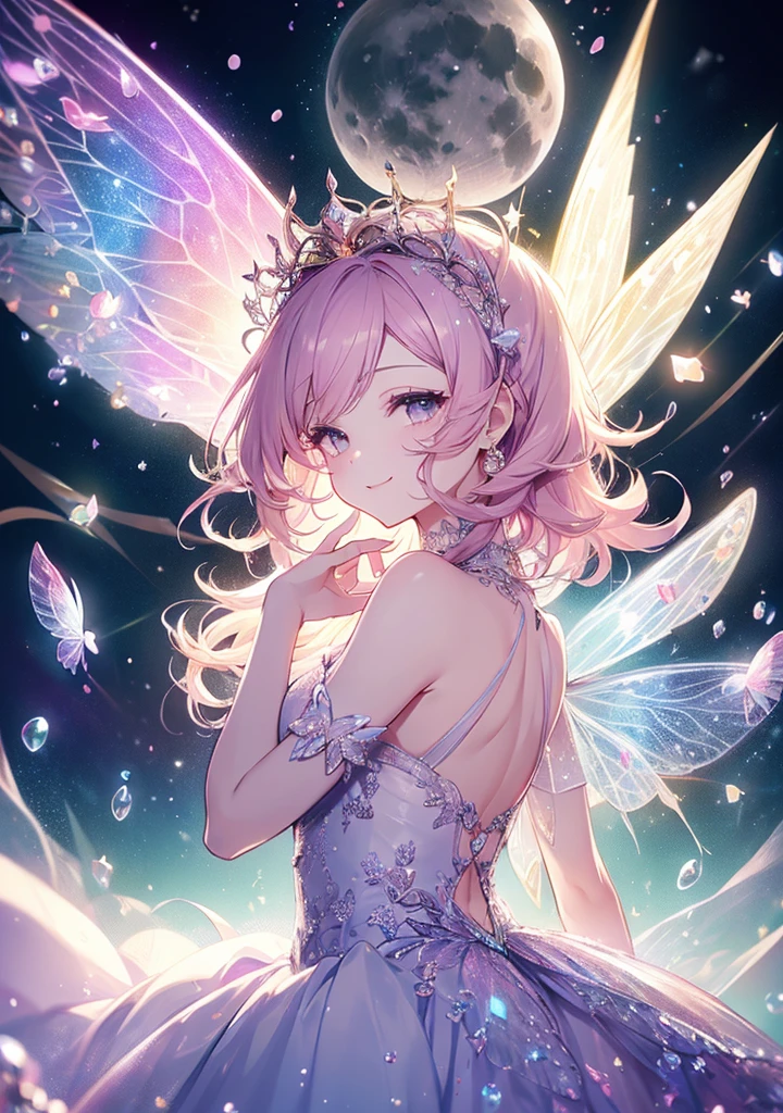 (Exquisite, beautiful, Very detailed, masterpiece, high quality,High resolution),(Whole body,From a short distance,From head to toe),(Design Art,Soft thin lines:1.2, beautiful and delicate face,Transparent illustration),(Fairy Princess,Has fairy wings like a butterfly),Under the night sky, A fairy is holding a star,(幼いFairy Princess,Has fairy wings like a butterfly), ((Moon-inspired ball gown dress,dress,pastel colour,Fairy wings from the back)),(night,full moon,moonlight,shooting star,meteor,Starry Sky), ((fun,smile)), (Medium Hair:1.5), (little star tiara,Earrings,beautiful choker,Gold ankles),(dark pink cheeks,Plump pink lips,Large Breasts,Fair skin, Good style), (pastel colour,Bright atmosphere,colorful,very saturated,Fantasy),
