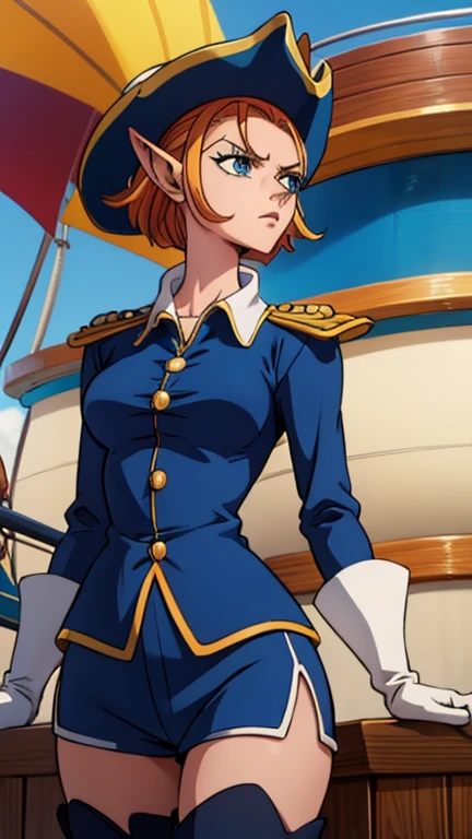 (1girl, AmeliaCapWaifu), (extremely detailed CG unit 8k wallpaper),(master part), (best quality), (ultra detail), (best illustration),(One Piece Style), cowboy shot, (Sharp eyeliner, ombre, detailed eyes:1), ship's deck background, break , upper body, blue uniform, thighhighs, thigh boots, gloves, hat, epaulettes, pants,
pointy ears