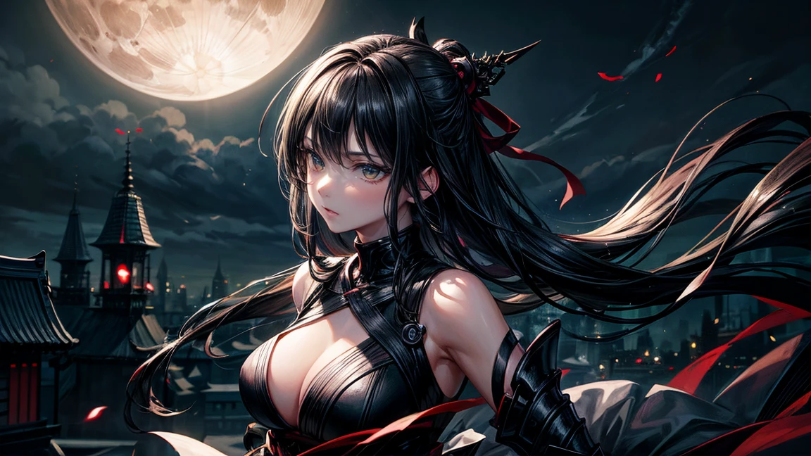 Featured Painting-Style Artworks, Highest quality, Super Fine, 16K, Incredibly absurd, Very detailed, delicate, Flashy and dynamic depiction, Beautiful female ninja, With a short sword, Moonlit Night, Black Costume, Black Hair, (Background Rooftop Edo:1.3)
