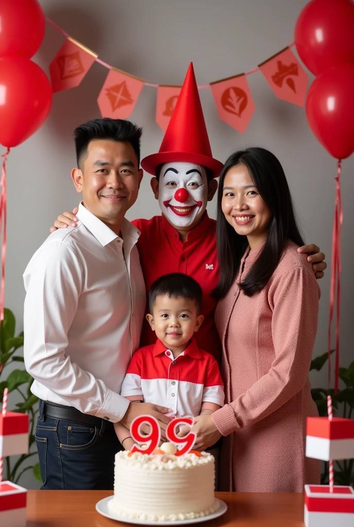 Photo of a happy family celebrating their child's 9th birthday with the theme of Indonesian independence. The family consists of a father, mother, and small child standing in front of a decorated backdrop. The child, wearing red and white clothes (symbolizing the Indonesian flag), is surrounded by balloons, banners and small Indonesian flags. Behind them is a friendly clown in red and white who is entertaining the child while holding a cake that says 'Happy Birthday'. The parents smile while standing next to the child, and the whole scene is filled with a festive patriotic atmosphere."