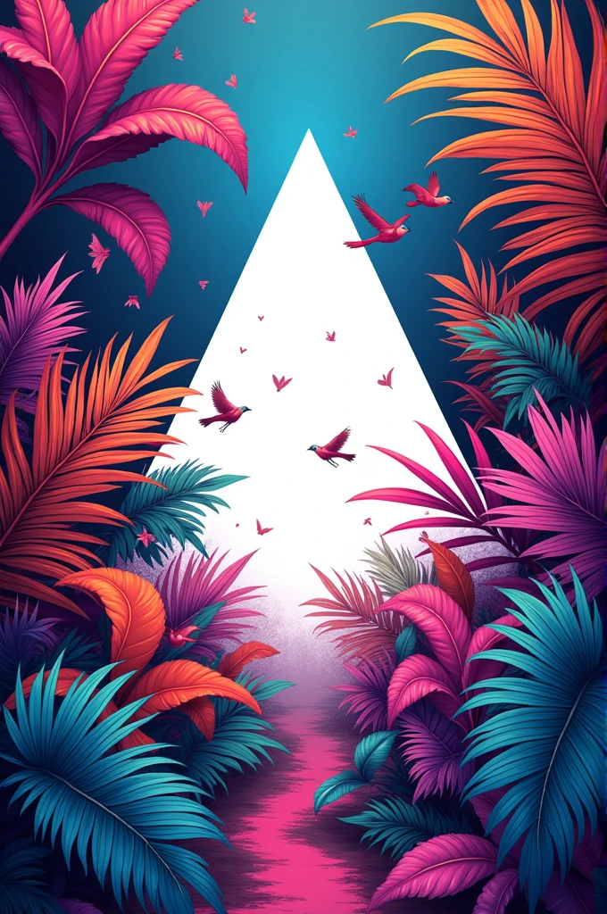Tropical leaves in different neon colors with a white triangle in the middle some birds musical element