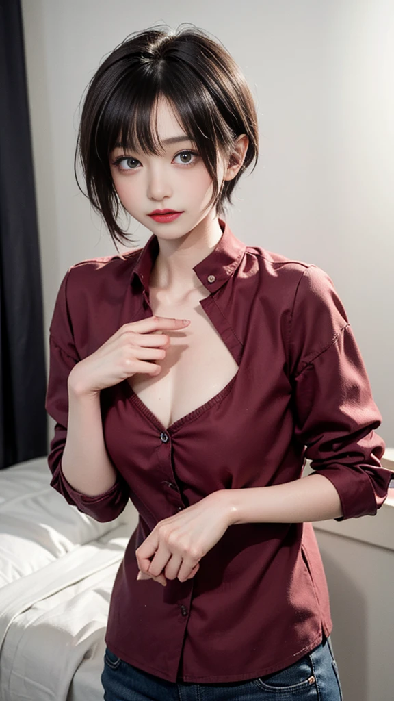(masterpiece、top-quality、absurderes:1.3)、illustratio、Medium bob、(pov hand)、grabbing on breasts、Cute s、Write、The upper part of the body、shorth hair、Loose red shirt、a bed、Perfect human body
