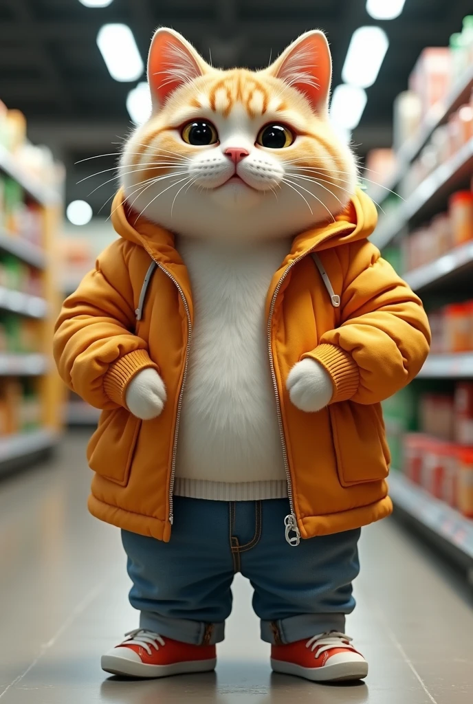 a chubby three-headed cat standing upright, wearing human clothes, shopping in a supermarket, highly detailed, photorealistic, 8k, hyperrealistic, adorable, cute, funny, whimsical, detailed fur textures, expressive facial features, dynamic pose, shopping cart, supermarket shelves, bright lighting, vibrant colors