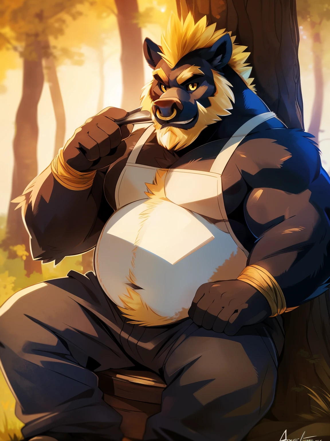 Solo, Furry, furry male, boar, ((furry body, fluffy body, fluffy fur)), (boar print, black body, black fur), mohawk, blonde mohawk, short hair, gold eyes, black sclera, beard, blonde beard, snout, nose ring, big muscles, chubby, (belly:1.2), blacksmith attire, apron, brown apron, bare hands, pants, baggy pants, black pants, (by super-tuler, by anhes, masterpiece, 4k, 8k, absurdres), forest background, sitting, character is sitting by a tree, looking at viewer, hd eyes, detailed body, detailed face