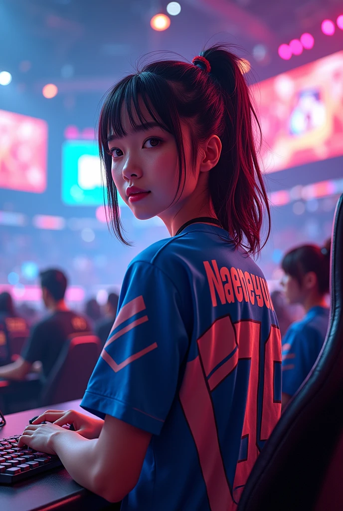 A young woman gamer wearing esports jersy with a name of "Naenaeyuuuh" at the back
