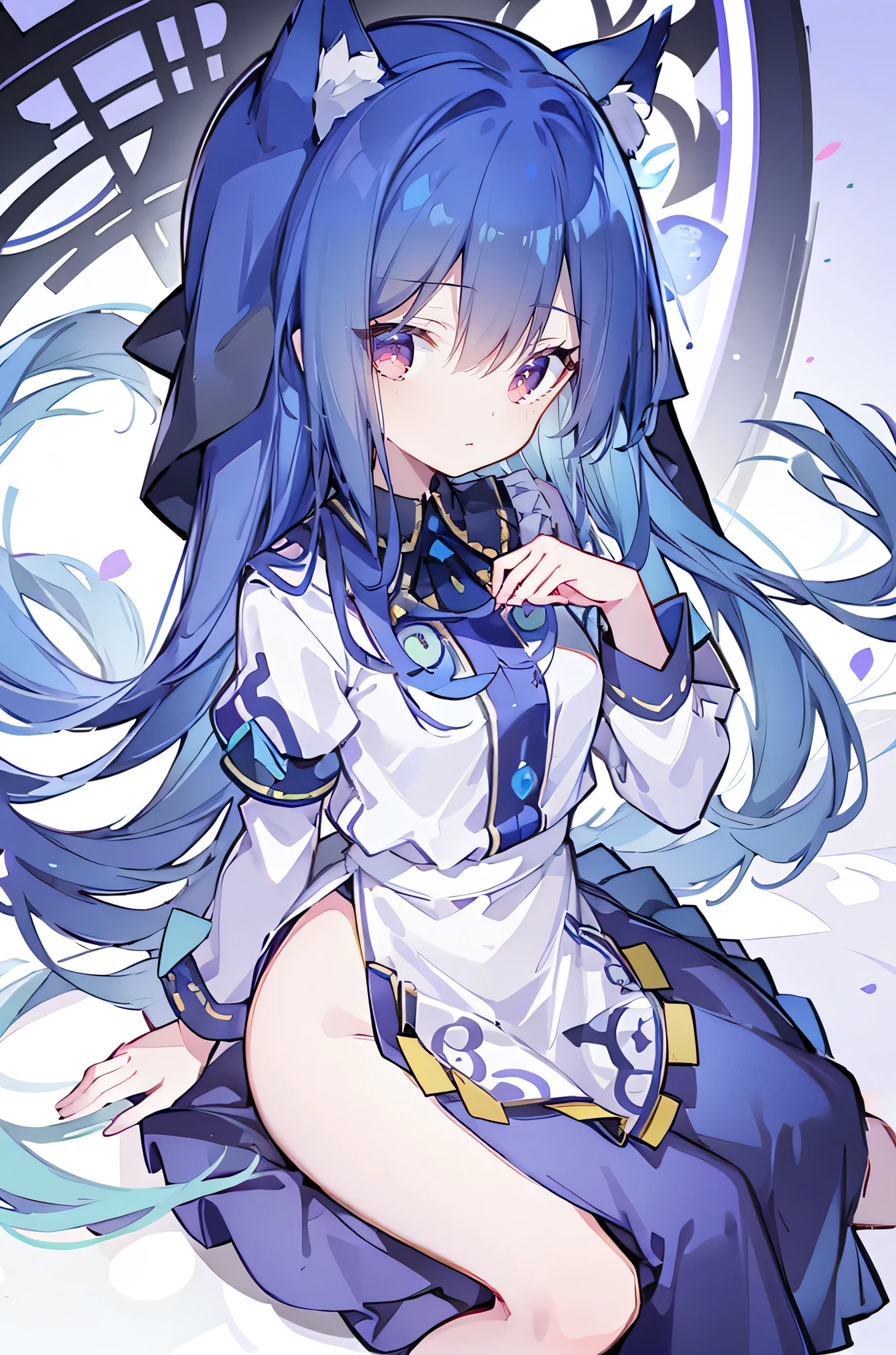 (masterpiece:1.2),Extremely detailed,Practical,expressive eyes,Fair skin,Perfect face shaping,1 Girl,
Japanese cartoons,Gorgeous blue hair, the long flowing blue hair,Floating clothes,Cat ears,Petals fall,beautiful lola,Young Angel,
Place your hands on your waist,sit elegantly on the ground,Cross your legs,Gentle and peaceful background,church,nun,Place your hand on your lips,Shy face。