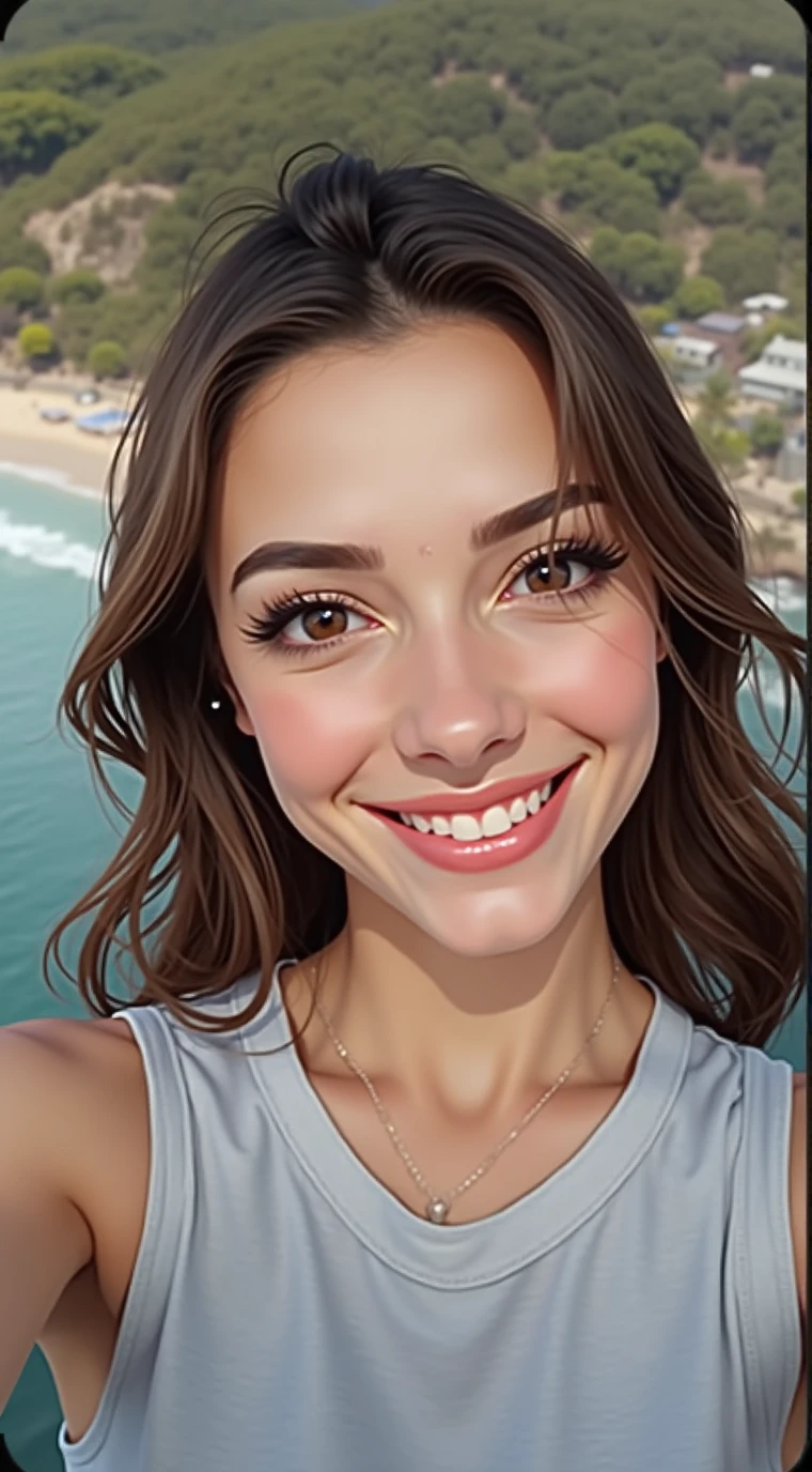 Show her taking a selfie with a beach in the background, and a big smnile