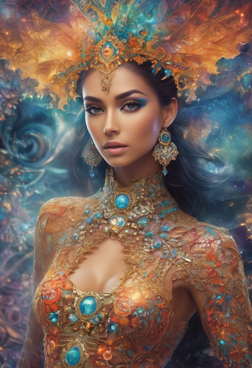 A beautiful woman adorned in a fractal-inspired outfit against a background adorned with fractal elements, exuding an air of mystery and charm. The intricate fractal patterns on her clothes harmonize with the fascinating fractal decorations in the background.., Creating a fascinating and ethereal atmosphere.. The fusion of fractal elements adds a touch of complexity and appeal to the scene.., enhance the overall sense of beauty and enigma surrounding women. This visually captivating image evokes a sense of wonder and fascination.., Drawing viewers into a world of intricate patterns and mystical allure.