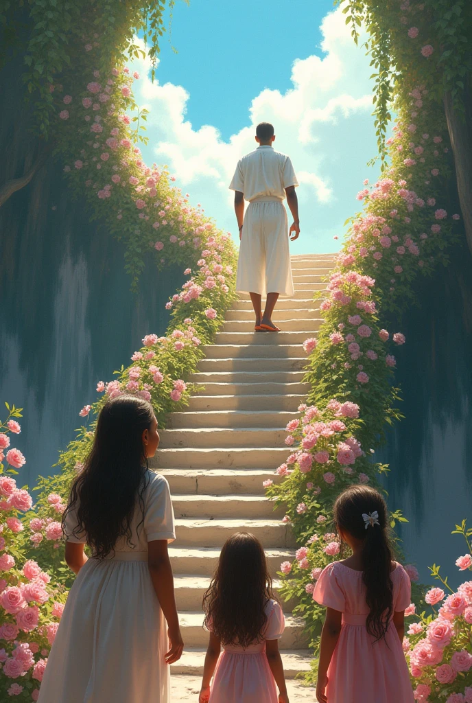Creating a black man in white clothes with his back turned climbing to the sky on a flowery staircase with a 19 year old white daughter, another 6 year old white daughter and a brown daughter looking down from the ground