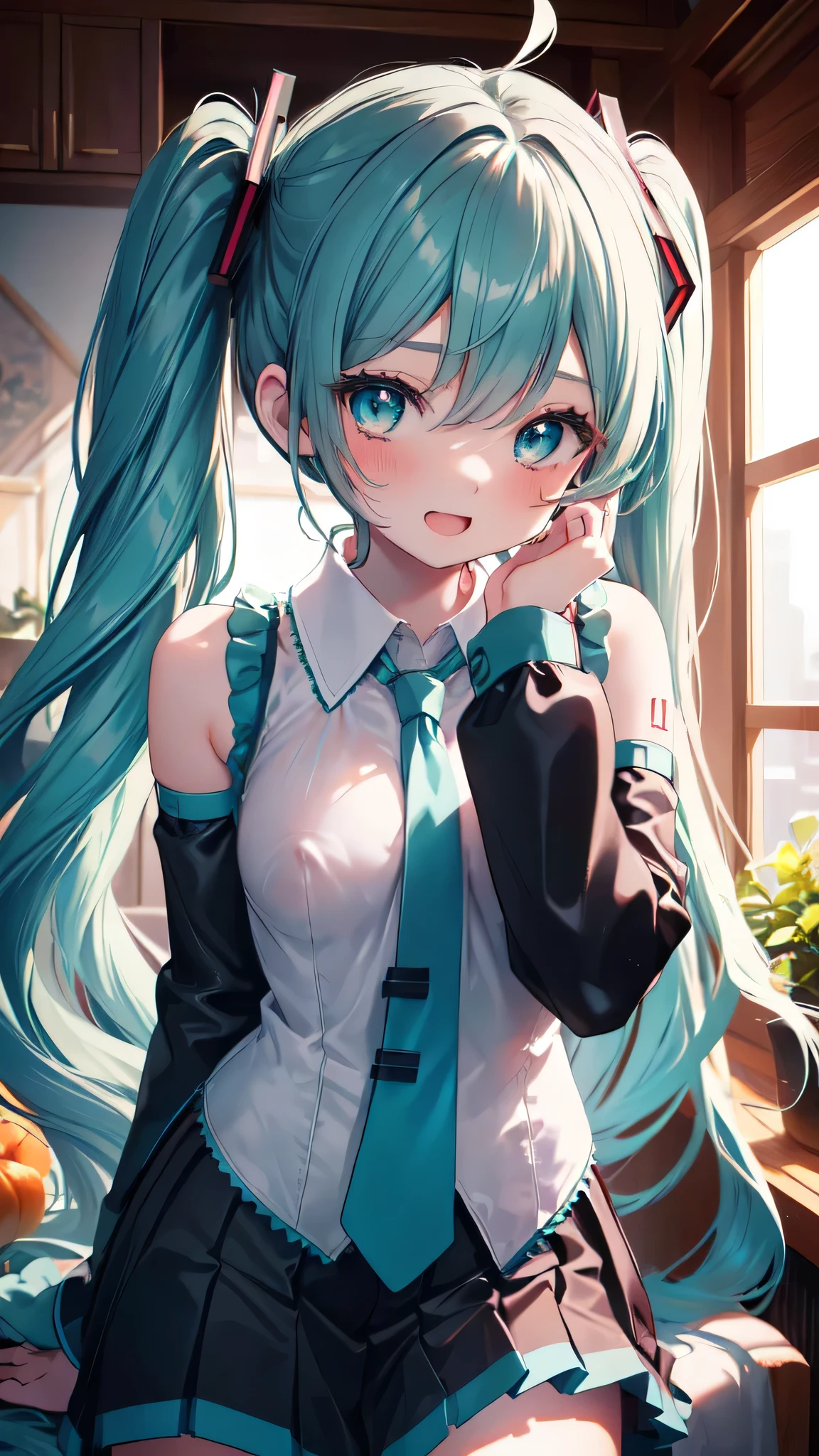 ((masterpiece, sidelighting, finely detailed beautiful eyes: 1.2)), ultra-detailed, ultra high res, professional lighting, high quality makeup, beautiful detailed eyes, sexy, beautiful, big eyes, drooping eye, (girl), (small breasts:1.2), blush cheek, blush body, moist eyes, Hatsune Miku, green hair, absurdly long hair, wavy hair, ahoge, twintails, (gray sleeve less shirt, green tie, black mini skirt:1.1), Extremely cute, (extremely detailed beautiful face), Authentic skin texture, beautiful hair, beautiful face, beautiful eyes, beautiful body, beautiful hands, smile, standing, (sexual aroused:1.2), erect nipples, open mouth, steam