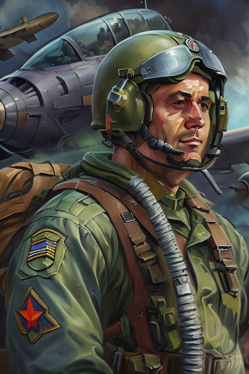 Potrait digital oil painting, game art, world war 2 military pilot, wear g-suit, wear helmet, MiG-15 fighter aircraft behind him