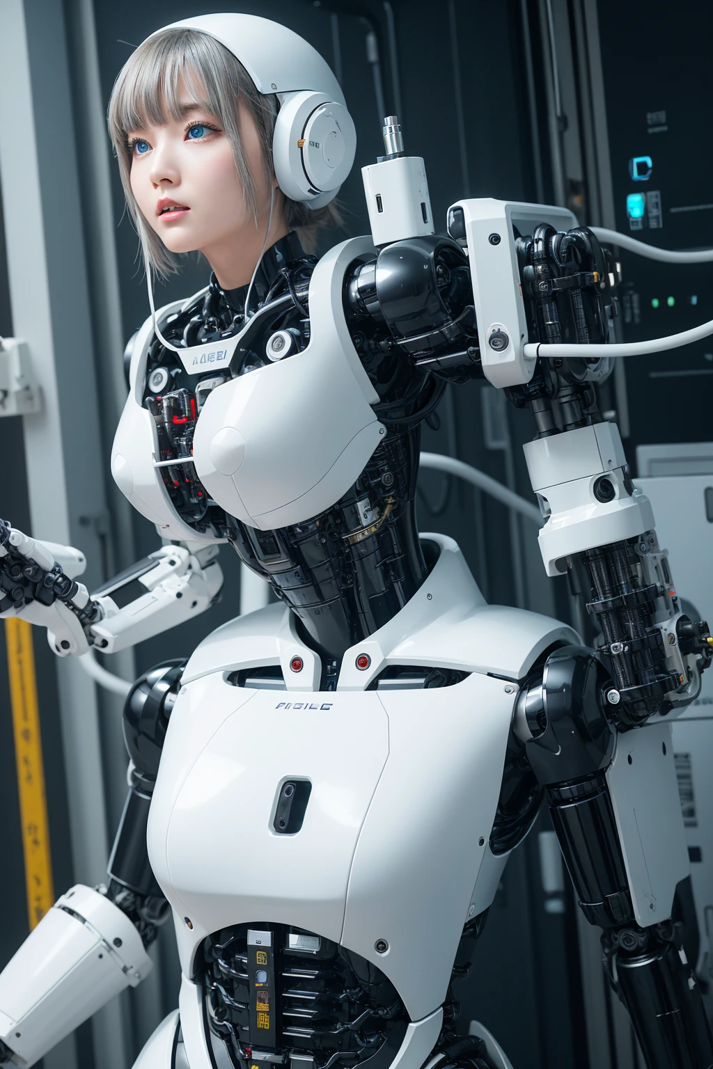 masterpiece, best quality, extremely detailed, portrait,Japaese android girl,Plump,a bit chubby,control panels,android,Droid,Mechanical Hand, ,Robot arms and legs, Black hair,Mechanical body,Blunt bangs,White Robotics Parts,perfect robot woman,Charging spot,Long Tube,A thick cable was connected to her neck,perfect mechanical body,white robotics body,future assembly plant,white body,She has repaired,black sponge joints,android assembly plant,android,laboratory,perfect machine body,white robot body,blue eyes