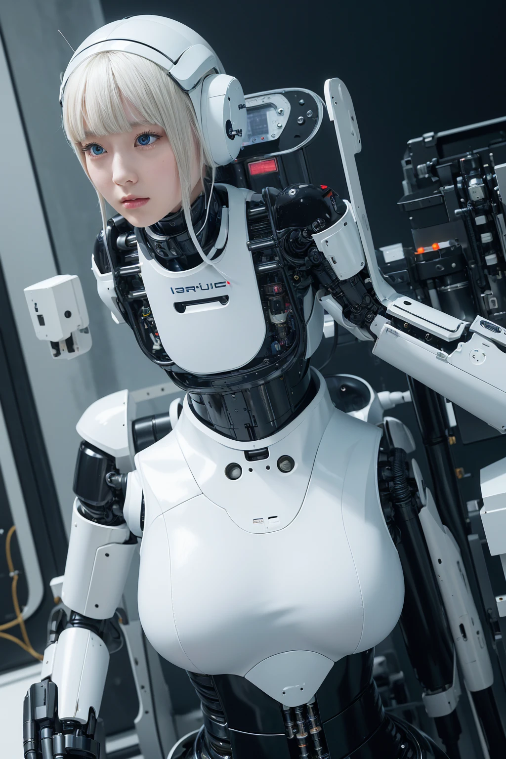 masterpiece, best quality, extremely detailed, portrait,Japaese android girl,Plump,a bit chubby,control panels,android,Droid,Mechanical Hand, ,Robot arms and legs, Black hair,Mechanical body,Blunt bangs,White Robotics Parts,perfect robot woman,Charging spot,Long Tube,A thick cable was connected to her neck,perfect mechanical body,white robotics body,future assembly plant,white body,She has repaired,black sponge joints,android assembly plant,android,laboratory,perfect machine body,white robot body,blue eyes