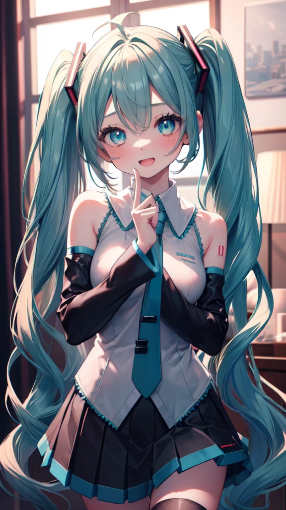 ((masterpiece, sidelighting, finely detailed beautiful eyes: 1.2)), ultra-detailed, ultra high res, professional lighting, high quality makeup, beautiful detailed eyes, sexy, beautiful, big eyes, drooping eye, (girl), (small breasts:1.2), blush cheek, blush body, moist eyes, Hatsune Miku, green hair, absurdly long hair, wavy hair, ahoge, twintails, (gray sleeve less shirt, green tie, black mini skirt:1.1), Extremely cute, (extremely detailed beautiful face), Authentic skin texture, beautiful hair, beautiful face, beautiful eyes, beautiful body, beautiful hands, smile, standing, (sexual aroused:1.2), erect nipples, open mouth, steam