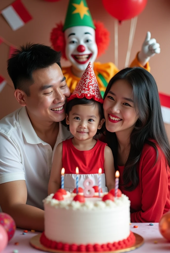 Photo of a happy family celebrating their 's 9th birthday with the theme of Indonesian independence. The family consists of a father, mother, and smallding in front of a decorated backdrop. The child, wearing red and white clothes (symbolizing the Indonesian flag), is surrounded by balloons, banners and small Indonesian flags. Behind them is a friendly clown in red and white who is entertaining the child while holding a cake that says 'Happy Birthday'. The parents smile while standing next to the child, and the whole scene is filled with a festive patriotic atmosphere."