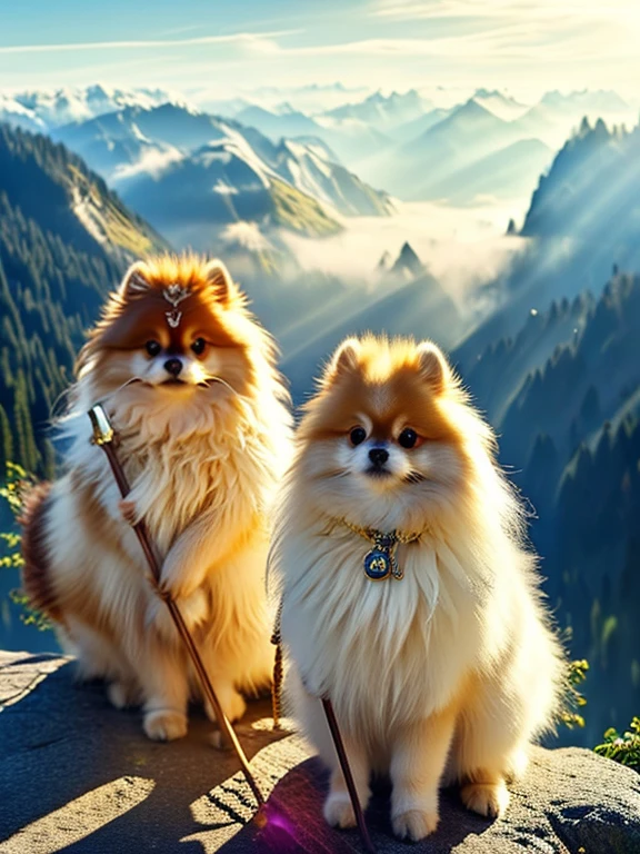 (Masterpiece, Best quality: 1.4), From side, Two savior-like Pomeranians, Pomeranian standing on two legs, Holding a walking stick, people々Guiding, Watching over with kind eyes, In the fantastic foggy mountains, The mysterious morning sun shines through the mist, 