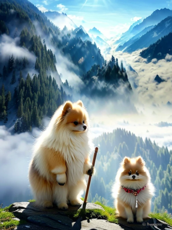 (Masterpiece, Best quality: 1.4), From side, Two savior-like Pomeranians, Pomeranian standing on two legs, Holding a walking stick, people々Guiding, Watching over with kind eyes, In the fantastic foggy mountains, The mysterious morning sun shines through the mist, 