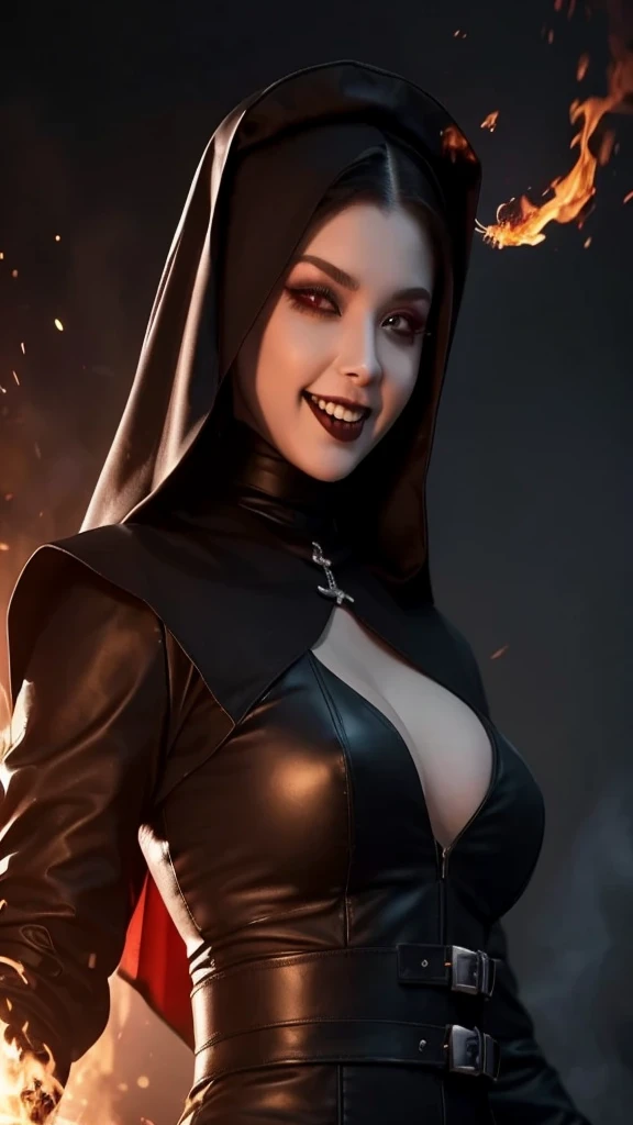 Create a hyper-realistic illustration of a female character with a provocative, gothic twist. She wears a nun-inspired outfit with a white headpiece, black leather top, and straps. Her playful expression is highlighted by her exaggerated smile and tongue sticking out. In one hand, she holds a flaming skull with fire erupting from its eyes and mouth, adding a dark, eerie vibe. The lighting is set in dark reds and blacks, with smoky effects and sparks in the background. Her bold makeup, featuring