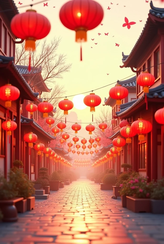 Spring Festival Street，Wide viewing angle，Unobscured，lantern，Mainly red and gold，There are traditional Chinese buildings on both sides，Brilliant light and shadow，countryside，Stick Figure，More unpainted white space
