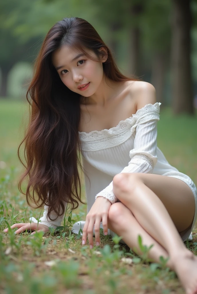 A beautiful korean girl, long brown hair, sleep on the ground outside, full body, photo from up,feet are visible 

