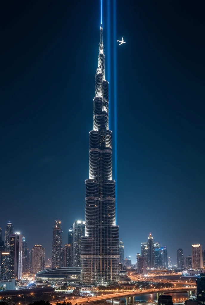 Night lighting with Emirates flight flying above Burj khalifa with