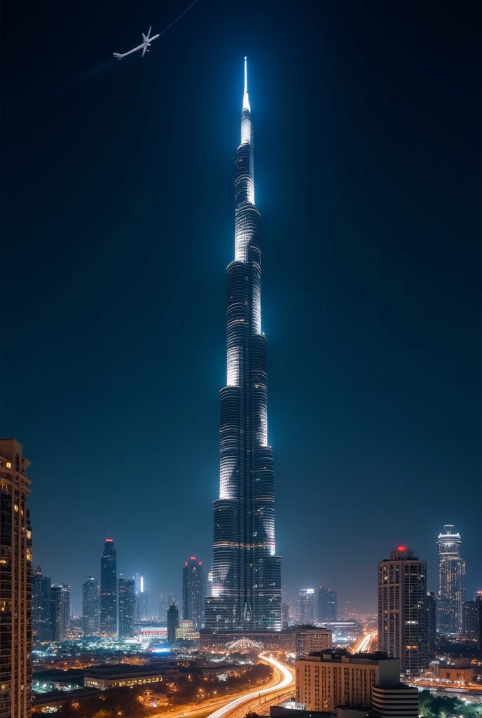 Night lighting with Emirates flight flying above Burj khalifa with