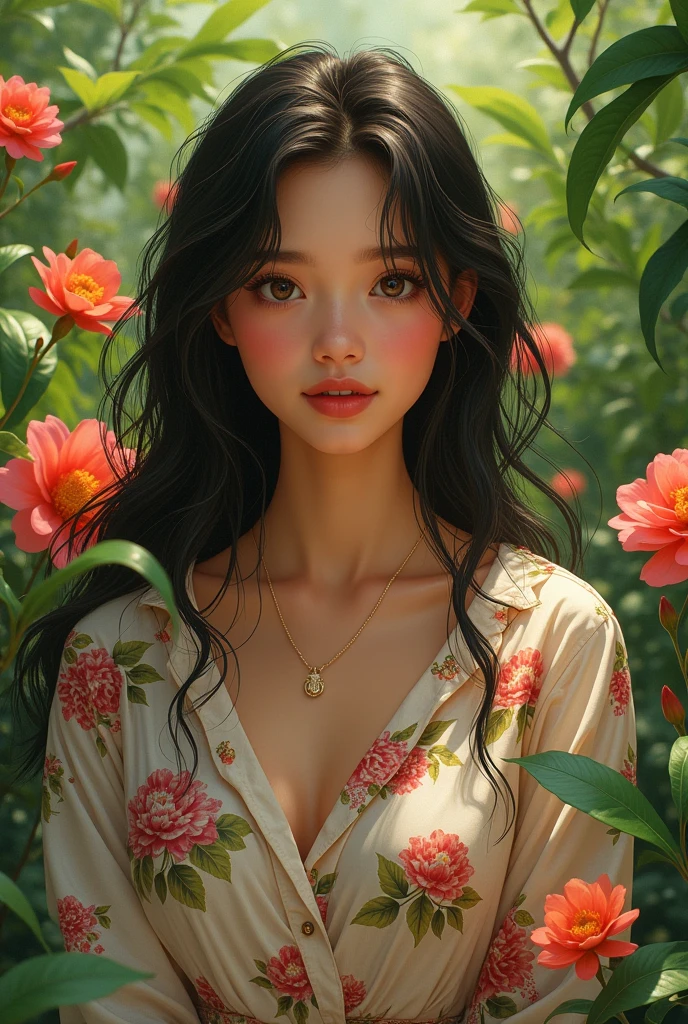 A teenage girl in a lush tropical garden, wearing an open shirt with a floral print, with a close-up capturing the harmonious beauty between her breasts and the natural flowers, showing off your natural charm and outgoing personality.