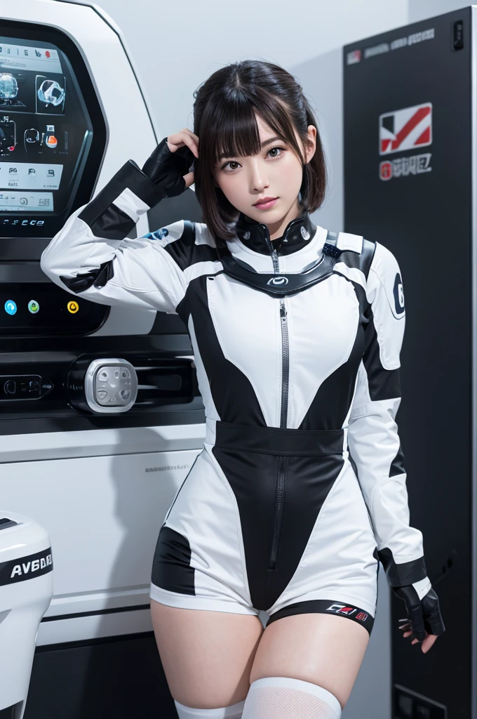 masterpiece, best quality, extremely detailed,8k portrait, Japanese android girl,Plump ,control panels,robot arms,robot,android,cyborg,white robot body,blunt bangs,robot repair plant,black knee high socks,(closing eyes:1.5)
