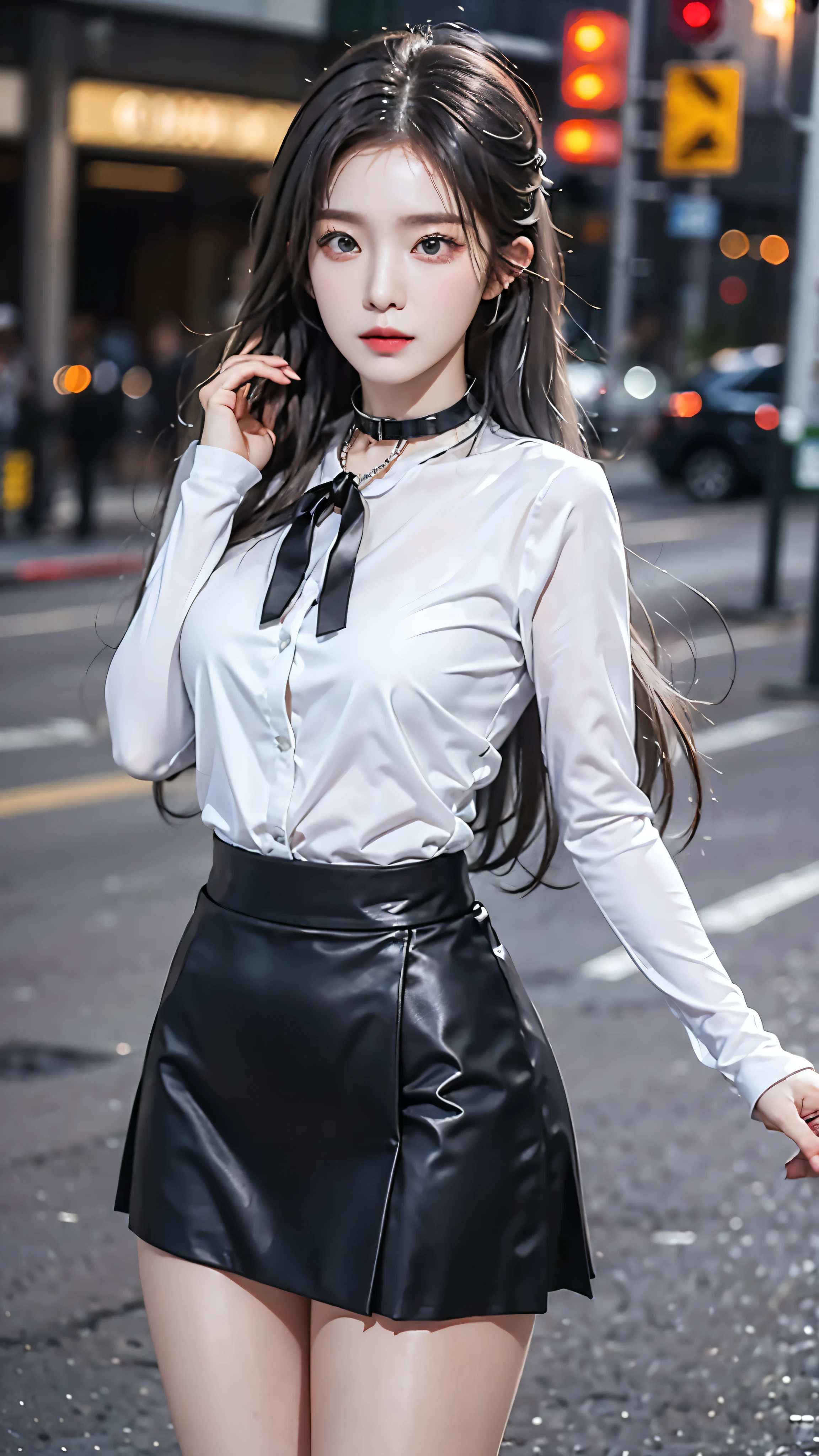 realistic, high resolution, 1 woman, butt up, beautiful eyes, gray hair, long hair, round eyes, collar shirt, belly button visible, black tie, black skirt, city street, short skirt, dressed like a student