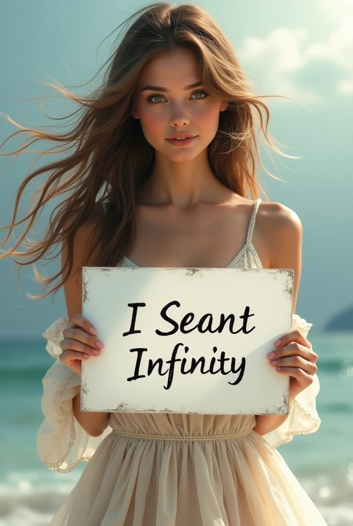 Beautiful girl with wavy long hair, bohemian dress, holding a white board with text "I Love Seaart Infinity" and showing it to the viewer