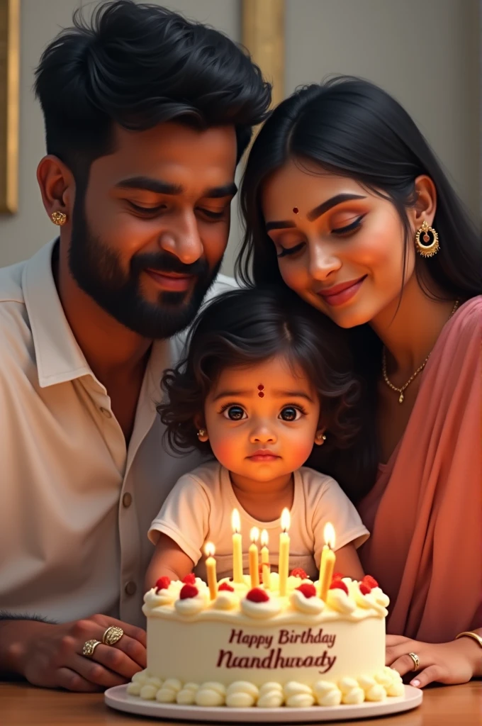 A young south indian man with beard and a young south indian woman with their beautiful 1 girl with beautiful hair , his ring contains the name 'devi' , her ring contains the name ' athul ' and a cake infront says "happy birthday nandhooty"