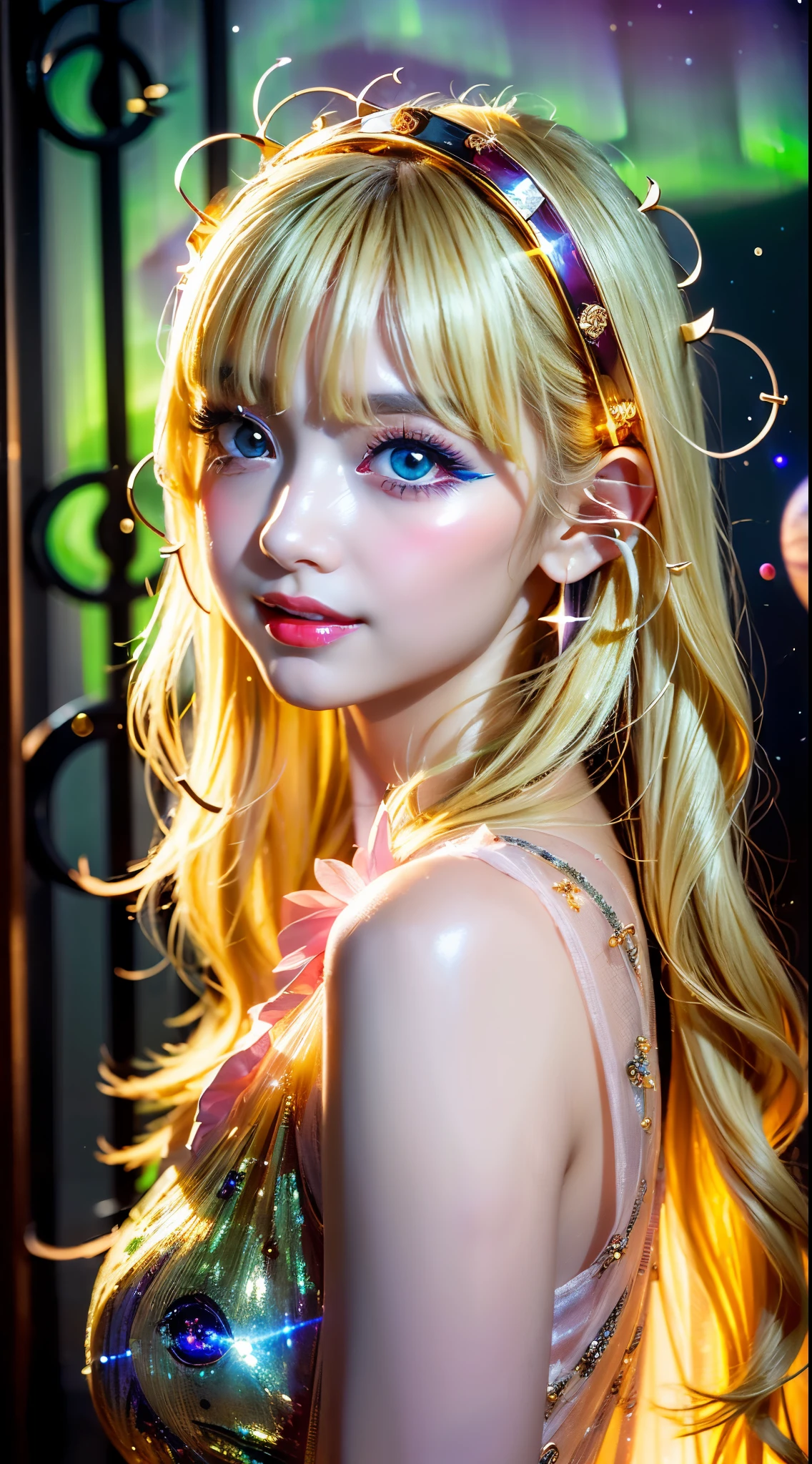 very cute, Blonde Hair, Big smile, One 20-year-old girl, 1. Goddess Athena, The beautiful, flawless face of the goddess Athena, delicate yellow nightgown, Lots of sexy black lace detailing、Long sheer sequined nightgown, A beautiful pale red silk half veil, Legends of female saints, Icons of female saints, Beautiful goddess-like glitter, Dark and mysterious version, Vermilion lips, Plump red lips, ((口をclose:0.9)), Complete teeth, Symmetrical incisors, Bright white teeth, ((Angry face:0.8)), delicate and beautiful pino detailing, delicate and beautiful lip detail, (Pure and perfect face: 1.9), Female Eucharist, Round Breasts, 大きくてRound Breasts, Phoenix Brooch, Long, flat bangs, Long black hair, Beautiful, clear face and well-proportioned eyes, (Pale pink eyes with transparent irises: 1.8), (Big round eyes and makeup, Sexy wet eye makeup, So beautiful、Careful hair and makeup, long and delicate blonde hair, delicate, Body image: 1.8), shape: Brilliant and, (The stars that make up the sky々: 1.7), (The Gate of Heaven and Imaginary Time and Space: 1.8), Imaginary art, RAW Photos, hanfu pictures, Best Photos, High resolution, 最high quality, Best Photos, Best Goddess Quality, 8k female, Super 8 Single Saint Portrait, The most true color scheme, masterpiece, Best Beauty Brands, Best Hair Jewelry, Brand real photo, Dark studio, Border Light, Two-tone lighting, (Rosy white skin: 1.4), (High skin detail: 1.1), 8k uhd, SLR, Soft Light, 8k, high quality, Frank, Smooth and sharp volume, 10x more pixels, Sexy Goddess, Sexy Goddess, (Background Space: 1.8), (The most beautiful aurora eye: 1.7), Beautiful Eyes, The aurora is beautiful and flower-like, (Beautiful single women: 1.8), (see here:0.8), close, Approaching the Goddess, Clear and unrealistic