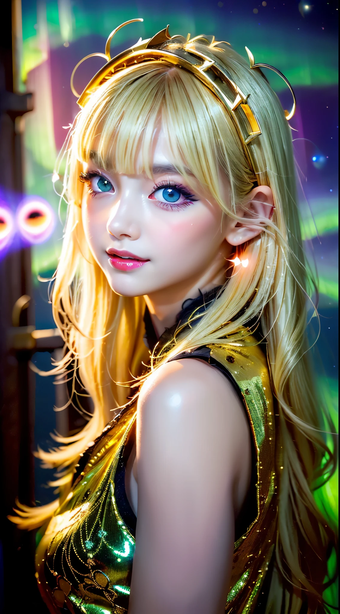 very cute, Blonde Hair, Big smile, One 20-year-old girl, 1. Goddess Athena, The beautiful, flawless face of the goddess Athena, delicate yellow nightgown, Lots of sexy black lace detailing、Long sheer sequined nightgown, A beautiful pale red silk half veil, Legends of female saints, Icons of female saints, Beautiful goddess-like glitter, Dark and mysterious version, Vermilion lips, Plump red lips, ((口をclose:0.9)), Complete teeth, Symmetrical incisors, Bright white teeth, ((Angry face:0.8)), delicate and beautiful pino detailing, delicate and beautiful lip detail, (Pure and perfect face: 1.9), Female Eucharist, Round Breasts, 大きくてRound Breasts, Phoenix Brooch, Long, flat bangs, Long black hair, Beautiful, clear face and well-proportioned eyes, (Pale pink eyes with transparent irises: 1.8), (Big round eyes and makeup, Sexy wet eye makeup, So beautiful、Careful hair and makeup, long and delicate blonde hair, delicate, Body image: 1.8), shape: Brilliant and, (The stars that make up the sky々: 1.7), (The Gate of Heaven and Imaginary Time and Space: 1.8), Imaginary art, RAW Photos, hanfu pictures, Best Photos, High resolution, 最high quality, Best Photos, Best Goddess Quality, 8k female, Super 8 Single Saint Portrait, The most true color scheme, masterpiece, Best Beauty Brands, Best Hair Jewelry, Brand real photo, Dark studio, Border Light, Two-tone lighting, (Rosy white skin: 1.4), (High skin detail: 1.1), 8k uhd, SLR, Soft Light, 8k, high quality, Frank, Smooth and sharp volume, 10x more pixels, Sexy Goddess, Sexy Goddess, (Background Space: 1.8), (The most beautiful aurora eye: 1.7), Beautiful Eyes, The aurora is beautiful and flower-like, (Beautiful single women: 1.8), (see here:0.8), close, Approaching the Goddess, Clear and unrealistic
