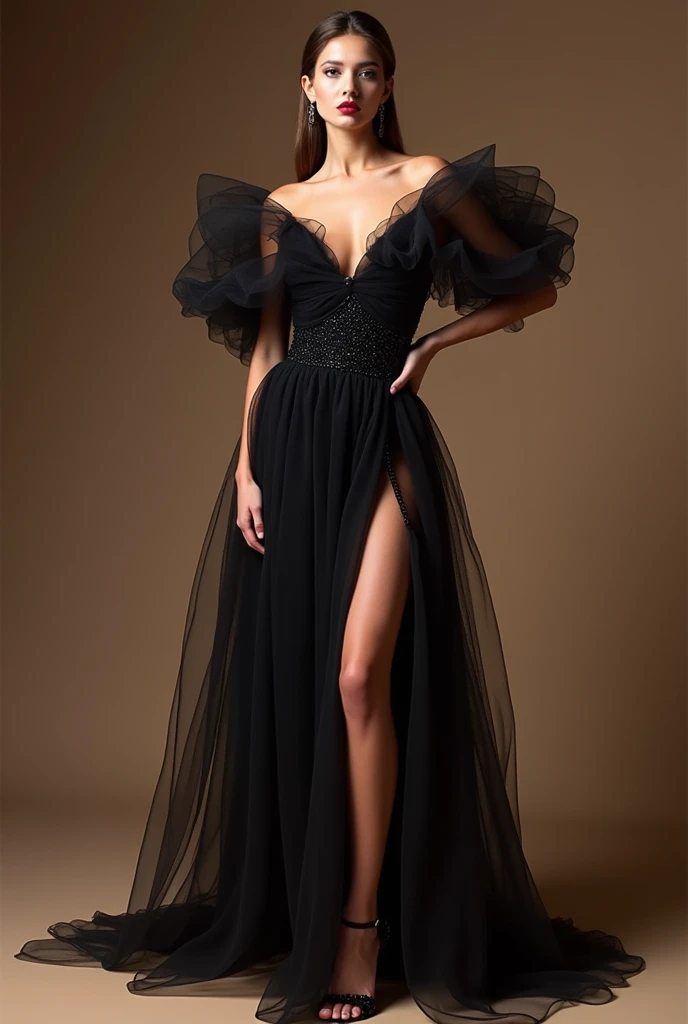 Create a high-resolution image of a sophisticated female model wearing a dramatic and elegant haute couture evening gown. The gown embodies a modern, yet timeless style, characterized by voluminous puffed sleeves crafted from sheer, delicate fabric that lends an ethereal quality. It features a daring deep V-neckline that enhances the model's silhouette, exuding confidence and sophistication. The long, flowing skirt, made from layers of luxurious tulle, includes a high slit on one side, showcasing one leg in a bold, yet graceful manner. The dress boasts a striking ombré effect, starting with a rich black at the bodice and gradually transitioning into a soft, dusty rose near the hem, blending seamlessly into the sheer layers. The overall design reflects a fusion of classic and avant-garde elements, perfect for a high-fashion runway or a red carpet event. The model should stand with poise and elegance, exuding confidence in a luxurious setting with soft lighting that highlights the intricate details, textures, and color transitions of the gown.