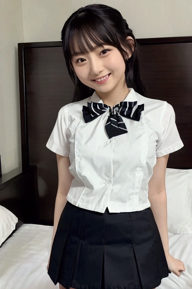 Gravure idol pose　Adorable smile　Hotel　bed　uniform　White clothes　high resolution　Not too small bust　Black Mini Skirt　Skirts should be shortened 　Beautiful legs　Beautiful Hair　Height: 155cm