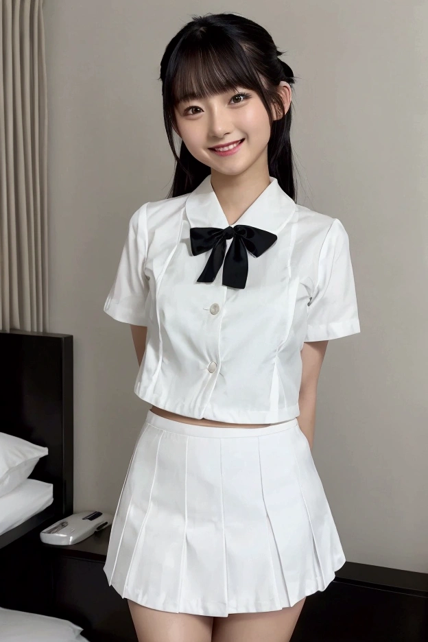 グラビアアイドルポーズ 愛らしい笑顔 ホテル ベッド 制服 個の白い服 高解像度 胸が小さすぎないこと 黒いミニスカート スカートを短くする ...