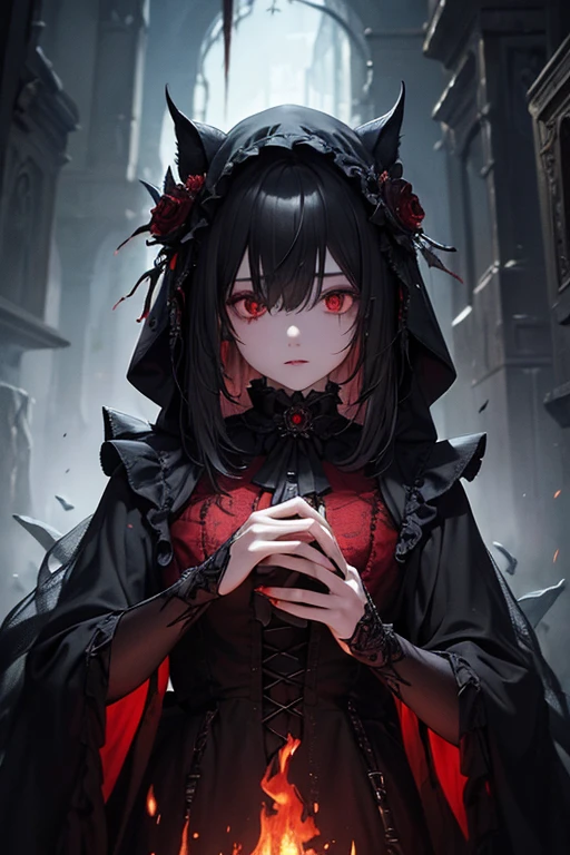 ((masterpiece)), ((Highest quality)), ((Highly detailed composition)), ((Highly detailed texture)), ((4K, 8k))、The world of gothic horror、Ghostly Deep Forest、Girl covered in blood、Red Eyes、black tattered robe、Wear a black hoodie over your eyes、Sharp Claw Gauntlets