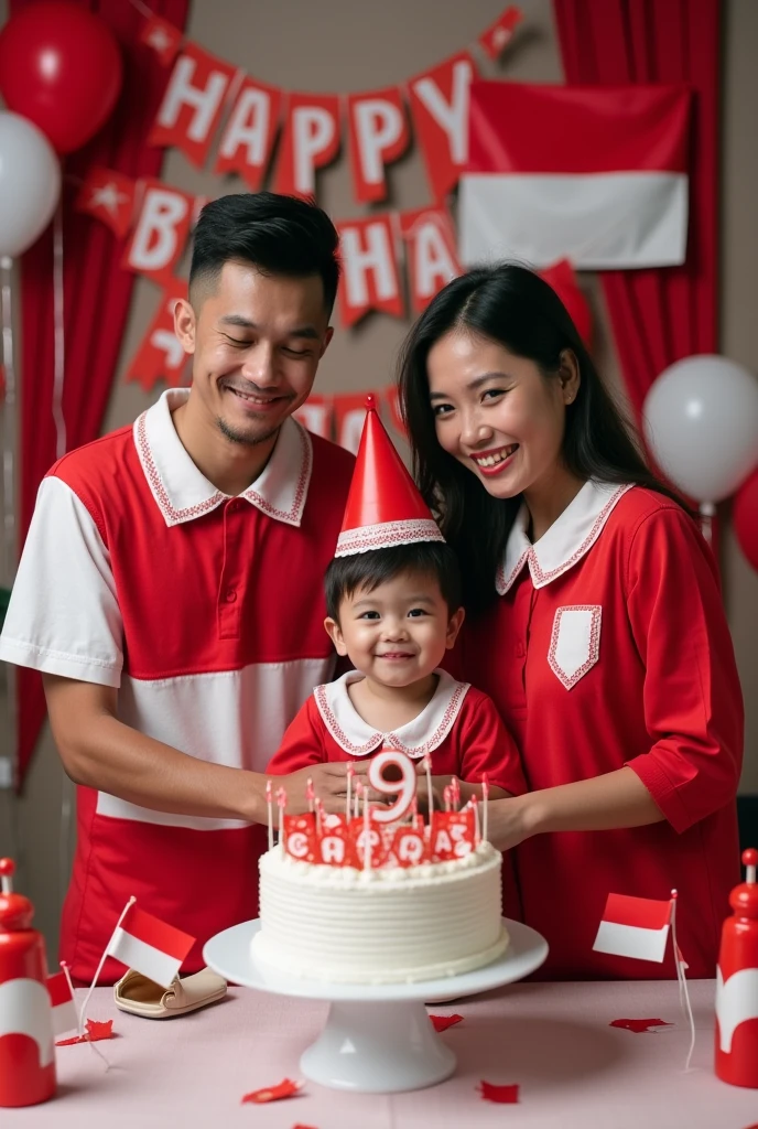 Photo of a happy family celebrating their child's 9th birthday with the theme of Indonesian independence. The family consists of a father, mother, and small child standing in front of a decorated backdrop. The child, wearing red and white clothes (symbolizing the Indonesian flag), is surrounded by balloons, banners and small Indonesian flags. Behind them is a friendly clown in red and white who is entertaining the child while holding a cake that says 'Happy Birthday'. The parents smile while standing next to the child, and the whole scene is filled with a festive patriotic atmosphere."