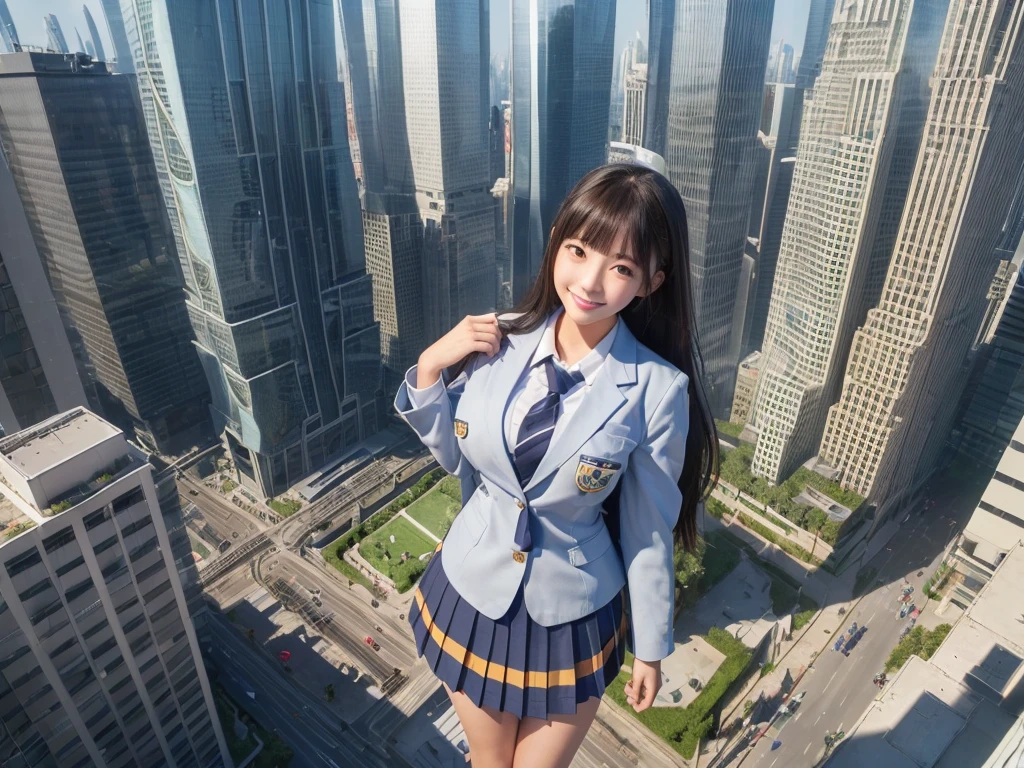 8k, (((Super Giant Girl Art))), Realistic, Ultra HD, 1 woman, ((6+girls:1.5)), (twins), Big Breasts, Very detailed depiction, (Light blue blazer, Grey tie, Blue mini skirt, White Pantyhose), (Extremely detailed depiction, High school girls are much taller than skyscrapers, Miniature metropolis, crash micro city, feet, destruction, Building Powder々, ((Super huge school girl)), 2+girls, Full body description), Translucent skin texture, Beautiful Skin, Semi-long hair, Beautiful 16 year old girl, Cute Smile, ((high Top view))