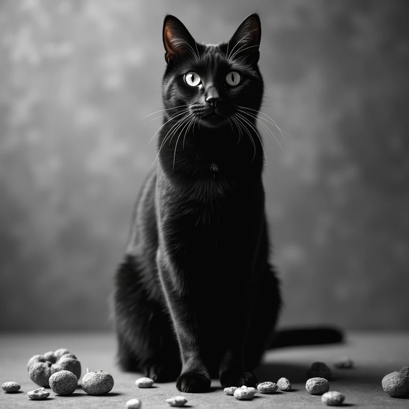 Black and white cat with grey background with food around the cat