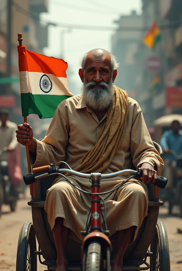 A poor and old Indian man driving the rickshaw on road , wearing a genji and his skin color is black with the national flag of India flying on his rickshaw handle. realistic image.