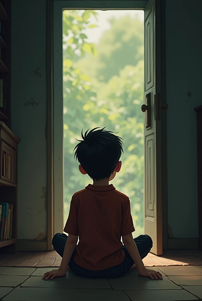 an Indonesian teenage boy sitting in front of the door with a blank stare and looking at the door as if he was waiting for his parents to come